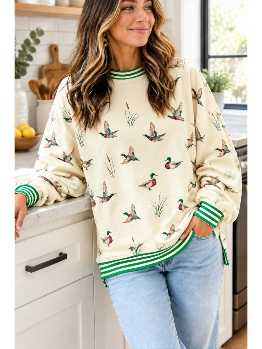 Mallard Duck Oversized Crewneck Sweatshirt Stripe Ribbed Trim Split Hem Pullover
